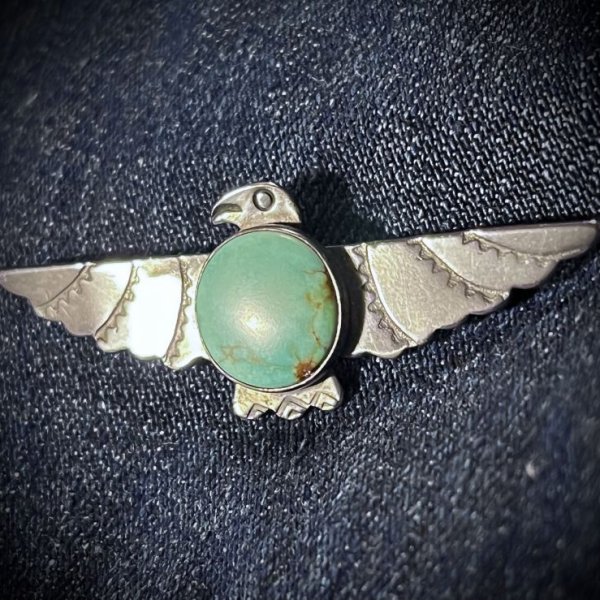 画像1: OLD Vintage Native American Thunderbird   Silver / Turquoise Brooch (1)